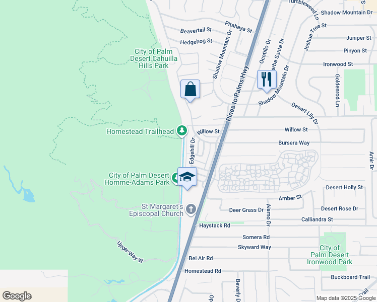 map of restaurants, bars, coffee shops, grocery stores, and more near 72564 Edgehill Drive in Palm Desert