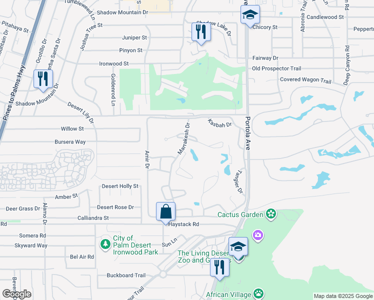 map of restaurants, bars, coffee shops, grocery stores, and more near 47172 El Agadir in Palm Desert