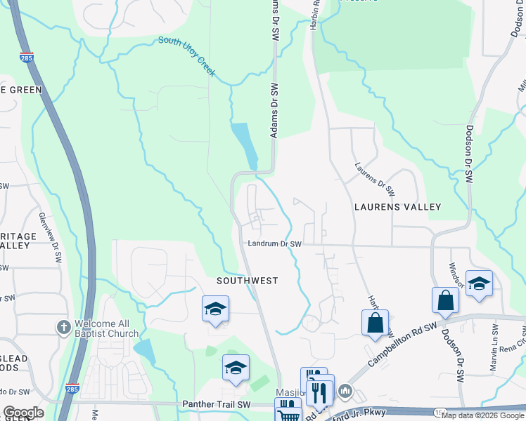 map of restaurants, bars, coffee shops, grocery stores, and more near 3041 Landrum Drive Southwest in Atlanta