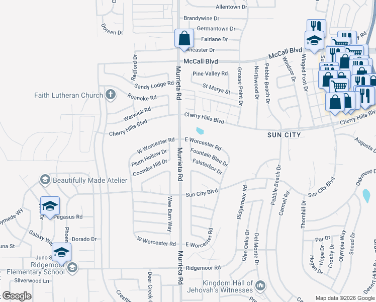 map of restaurants, bars, coffee shops, grocery stores, and more near 26081 Falsterbor Drive in Menifee