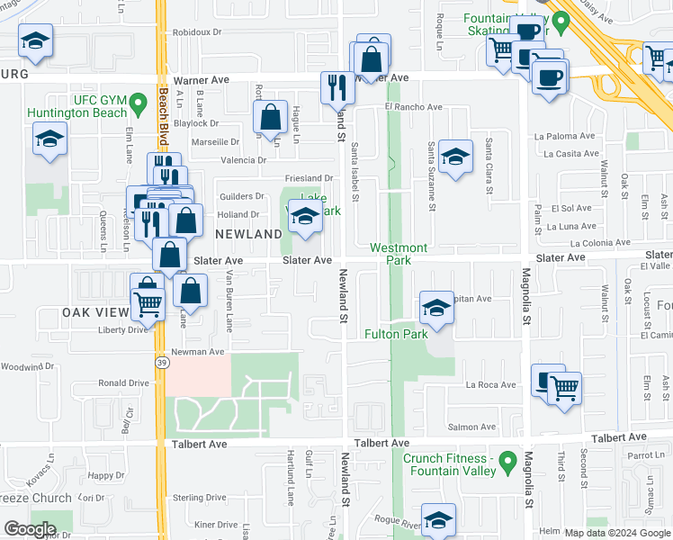 map of restaurants, bars, coffee shops, grocery stores, and more near 17531 Newland Street in Huntington Beach