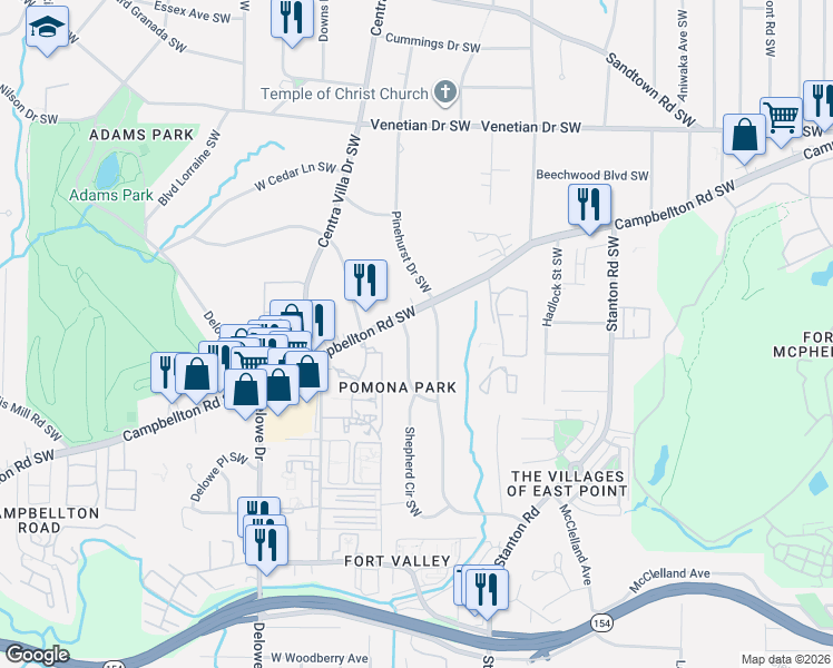 map of restaurants, bars, coffee shops, grocery stores, and more near 1730 Timothy Drive Southwest in Atlanta