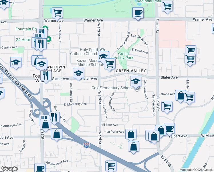 map of restaurants, bars, coffee shops, grocery stores, and more near 10565 Chinook Avenue in Fountain Valley