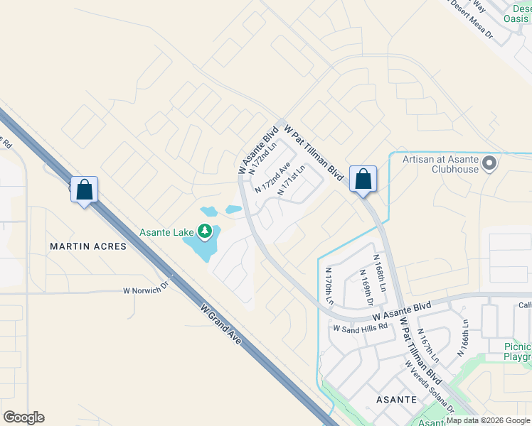 map of restaurants, bars, coffee shops, grocery stores, and more near 17227 West La Luz Road in Surprise
