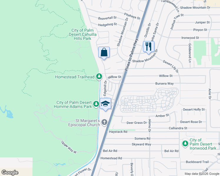 map of restaurants, bars, coffee shops, grocery stores, and more near 72664 Eagle Road in Palm Desert