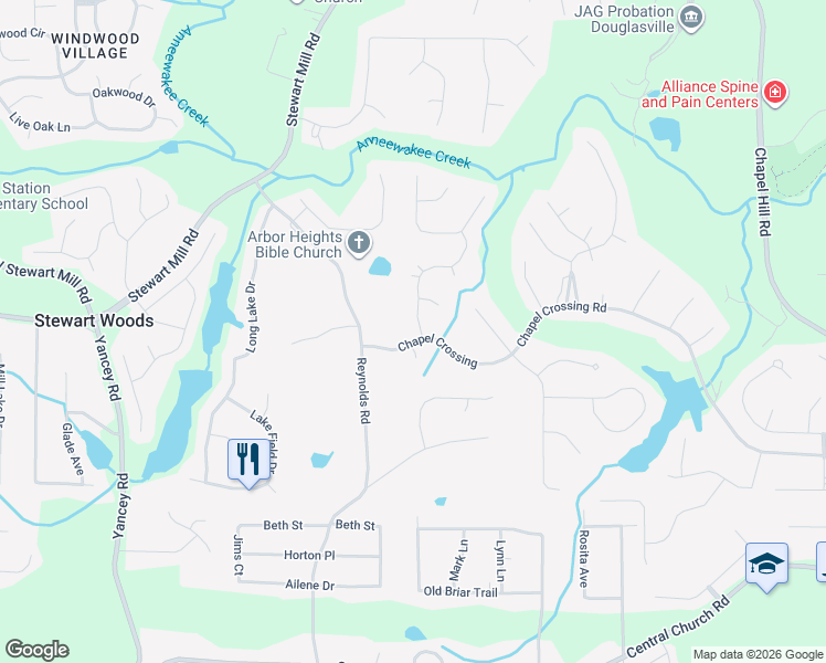 map of restaurants, bars, coffee shops, grocery stores, and more near 4906 Tree Tops Drive in Douglasville
