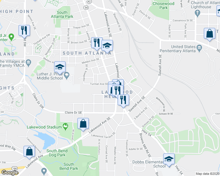 map of restaurants, bars, coffee shops, grocery stores, and more near 1609 Jonesboro Road Southeast in Atlanta