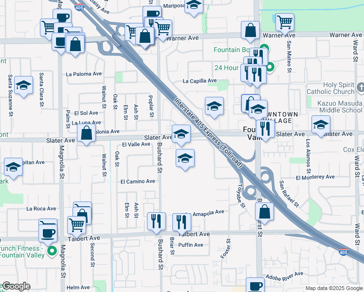map of restaurants, bars, coffee shops, grocery stores, and more near 9600 Dolphin Avenue in Fountain Valley