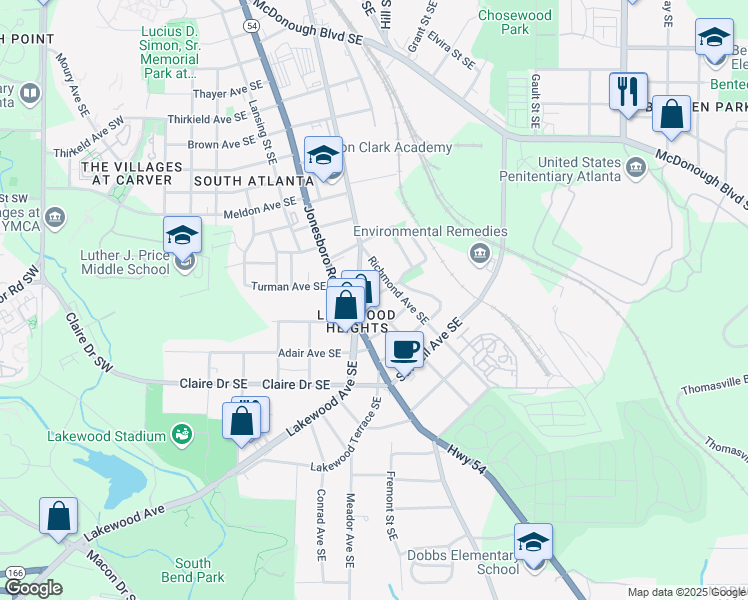 map of restaurants, bars, coffee shops, grocery stores, and more near 1 Charleston Avenue Southeast in Atlanta