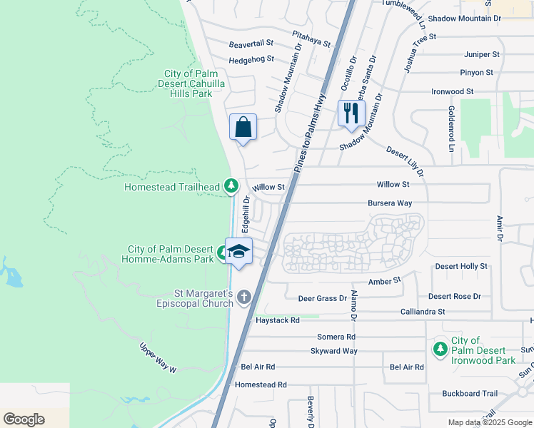 map of restaurants, bars, coffee shops, grocery stores, and more near 72664 Eagle Road in Palm Desert