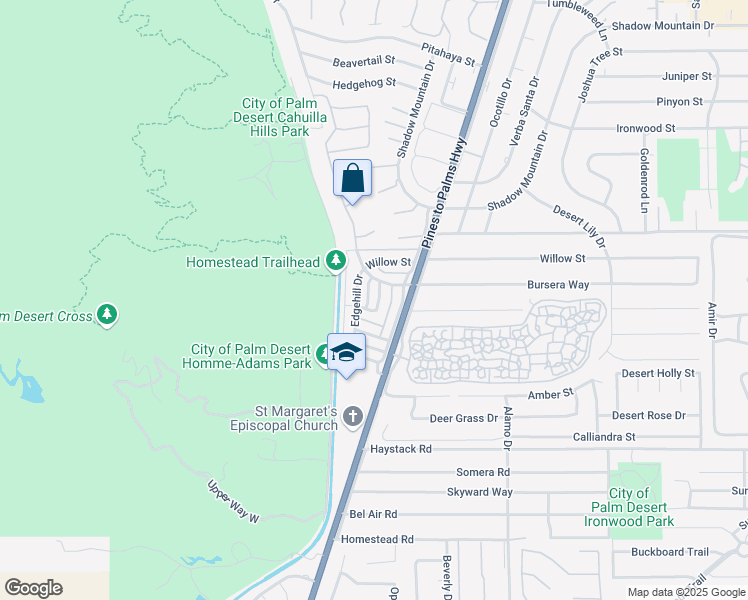 map of restaurants, bars, coffee shops, grocery stores, and more near 72664 Eagle Road in Palm Desert