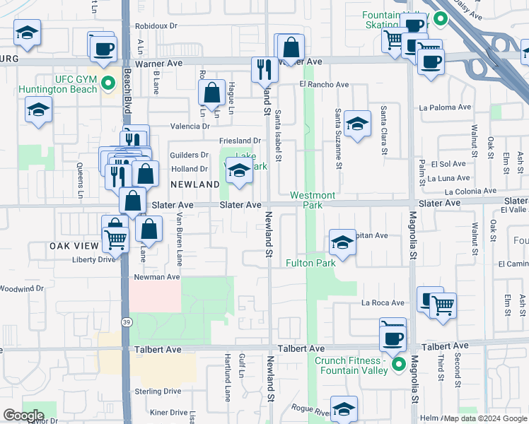 map of restaurants, bars, coffee shops, grocery stores, and more near in Huntington Beach