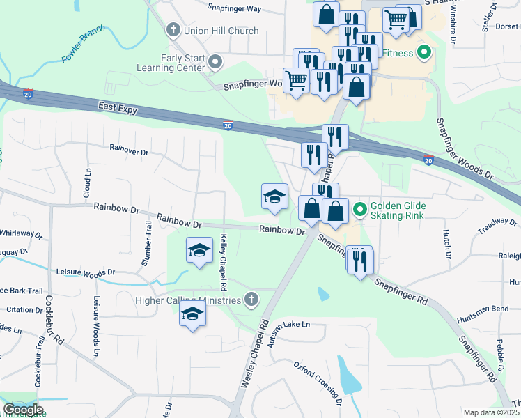map of restaurants, bars, coffee shops, grocery stores, and more near 4140 Rainbow Drive in Decatur