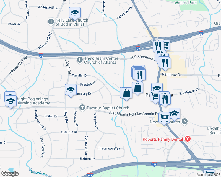map of restaurants, bars, coffee shops, grocery stores, and more near 2720 Cavalier Drive in Decatur