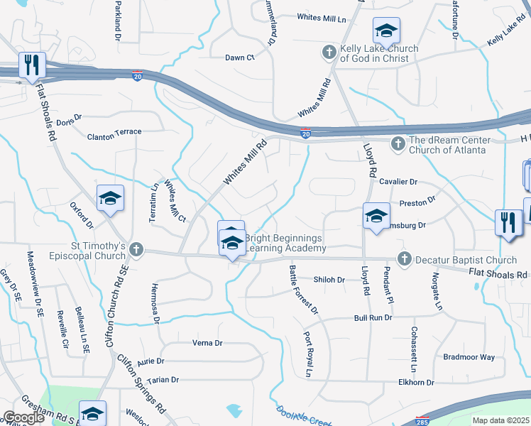map of restaurants, bars, coffee shops, grocery stores, and more near 2708 Eagles Crest Lane in Decatur
