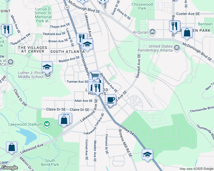 map of restaurants, bars, coffee shops, grocery stores, and more near 1696 Richmond Avenue Southeast in Atlanta