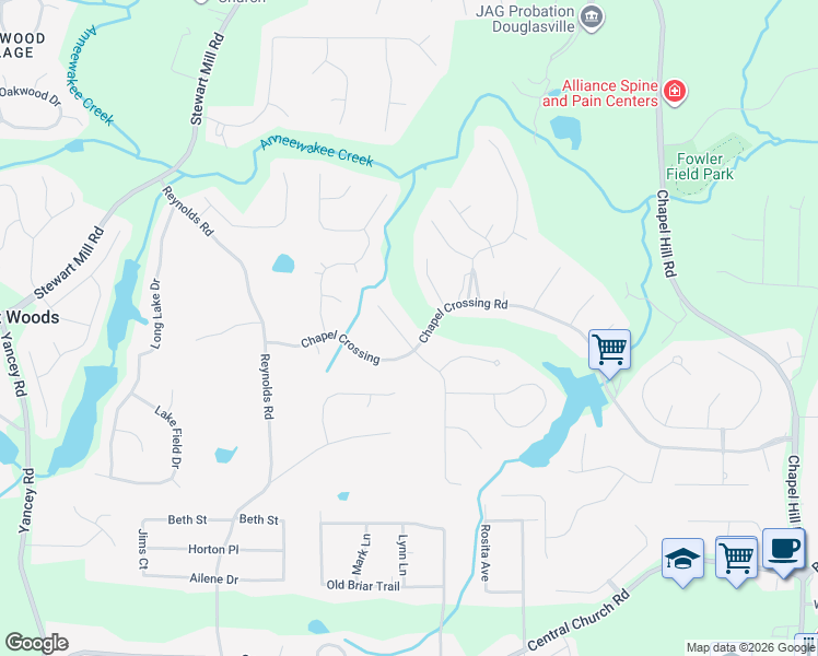map of restaurants, bars, coffee shops, grocery stores, and more near 3617 Players Court in Douglasville