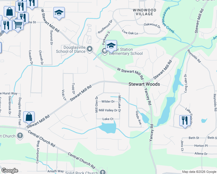 map of restaurants, bars, coffee shops, grocery stores, and more near 3565 Mill Glen Dr in Douglasville