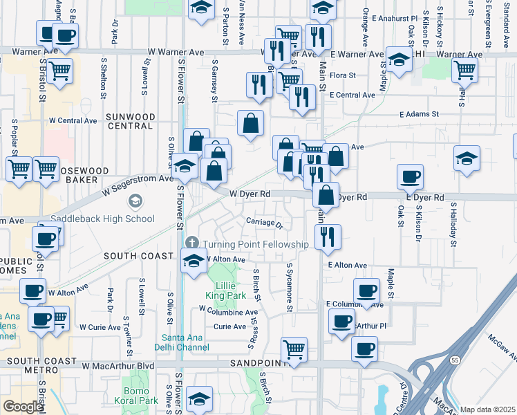 map of restaurants, bars, coffee shops, grocery stores, and more near 341 Carriage Drive in Santa Ana