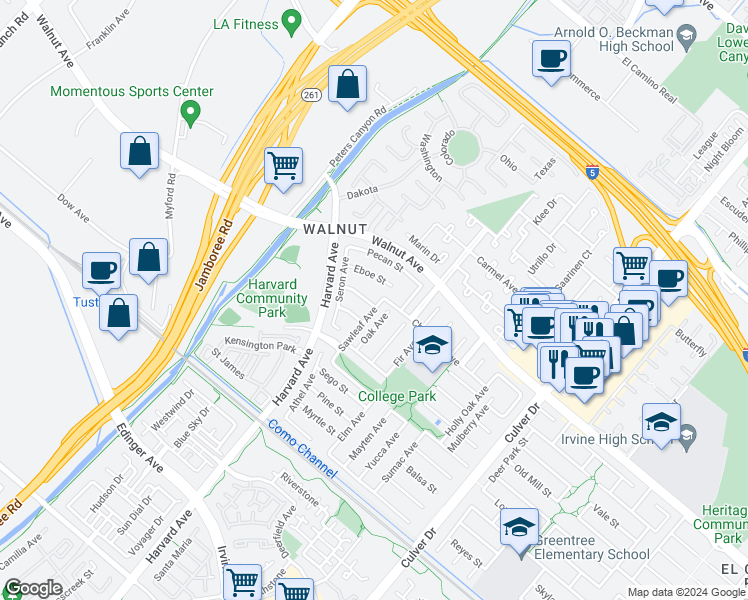 map of restaurants, bars, coffee shops, grocery stores, and more near 14591 Sawleaf Avenue in Irvine