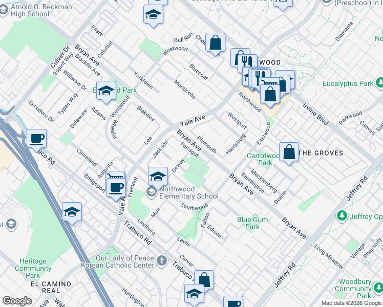 map of restaurants, bars, coffee shops, grocery stores, and more near 17 Farragut in Irvine