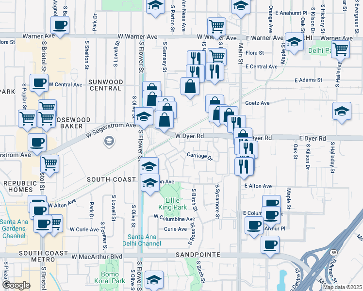map of restaurants, bars, coffee shops, grocery stores, and more near 2920A Somerset Way in Santa Ana