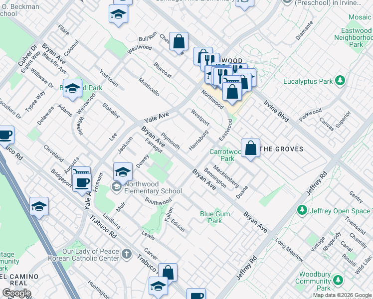 map of restaurants, bars, coffee shops, grocery stores, and more near 3 Harrisburg in Irvine