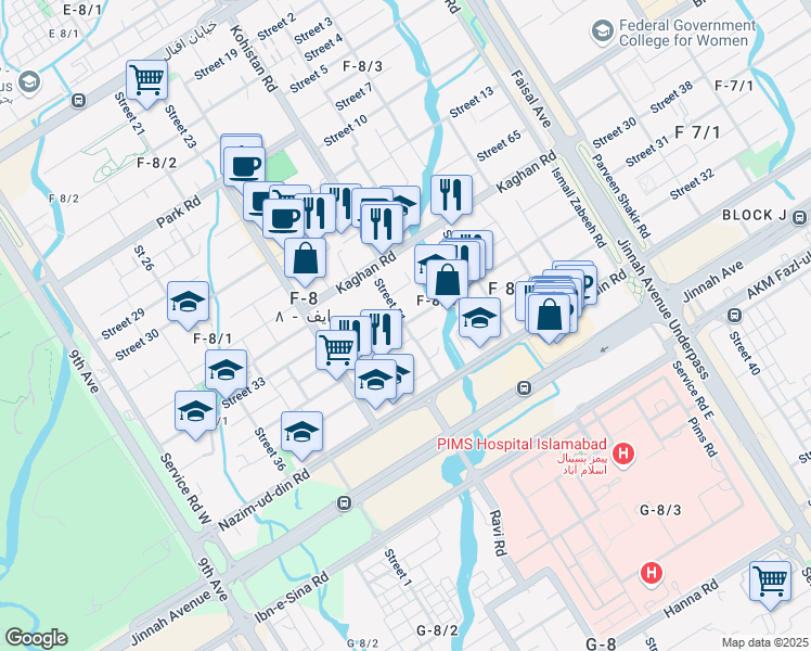 map of restaurants, bars, coffee shops, grocery stores, and more near Street 51 in Islamabad