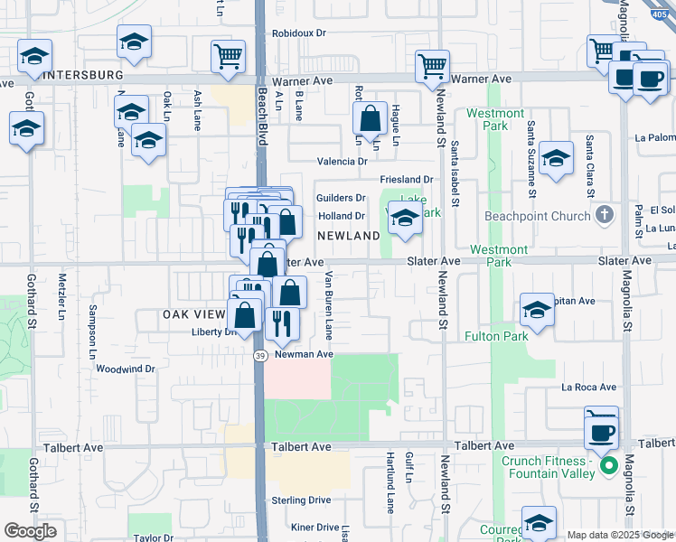 map of restaurants, bars, coffee shops, grocery stores, and more near 8202 Slater Avenue in Huntington Beach