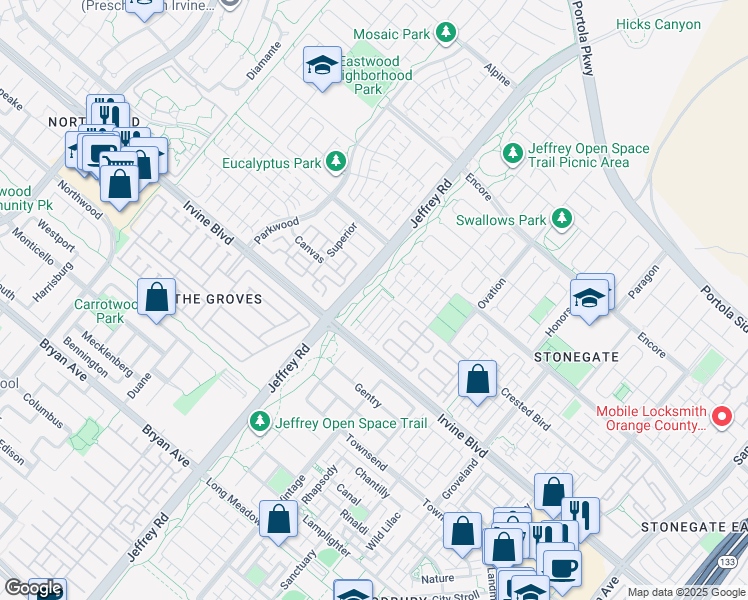 map of restaurants, bars, coffee shops, grocery stores, and more near 129 Thornhurst in Irvine