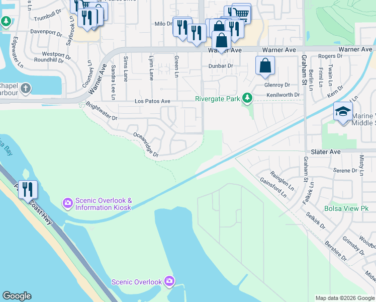 map of restaurants, bars, coffee shops, grocery stores, and more near 4916 Oceanridge Drive in Huntington Beach