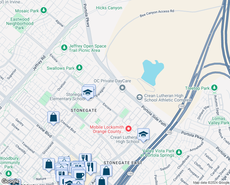 map of restaurants, bars, coffee shops, grocery stores, and more near 58 Dunmore in Irvine