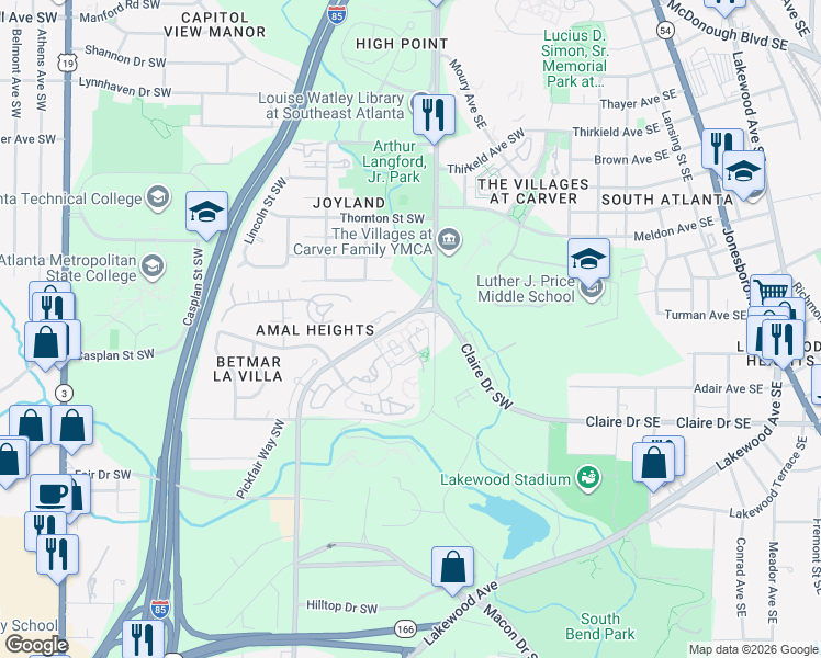 map of restaurants, bars, coffee shops, grocery stores, and more near 1732 Pryor Road Southwest in Atlanta