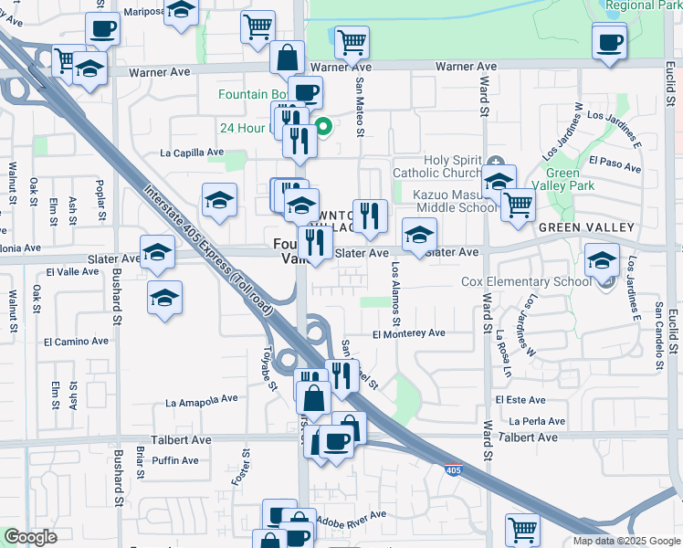 map of restaurants, bars, coffee shops, grocery stores, and more near 17543 Fountains Court in Fountain Valley