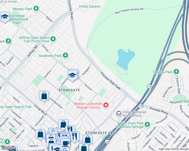 map of restaurants, bars, coffee shops, grocery stores, and more near 58 Dunmore in Irvine