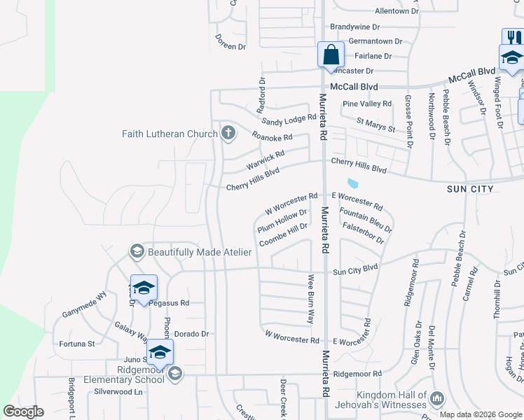 map of restaurants, bars, coffee shops, grocery stores, and more near 28377 West Worcester Road in Menifee