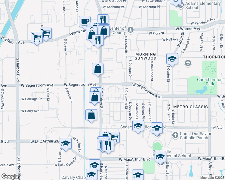 map of restaurants, bars, coffee shops, grocery stores, and more near 2730 West Segerstrom Avenue in Santa Ana