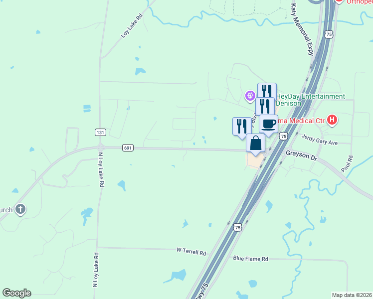 map of restaurants, bars, coffee shops, grocery stores, and more near 3943 Grayson Drive in Denison