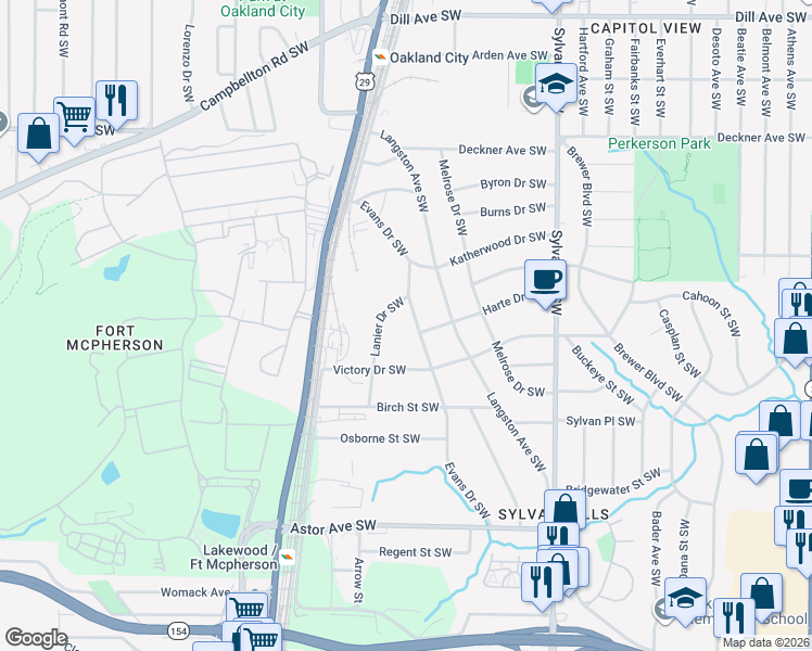 map of restaurants, bars, coffee shops, grocery stores, and more near 1722 Lanier Drive Southwest in Atlanta