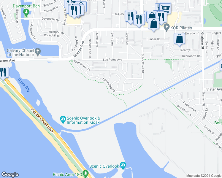 map of restaurants, bars, coffee shops, grocery stores, and more near 4746 Oceanridge Drive in Huntington Beach