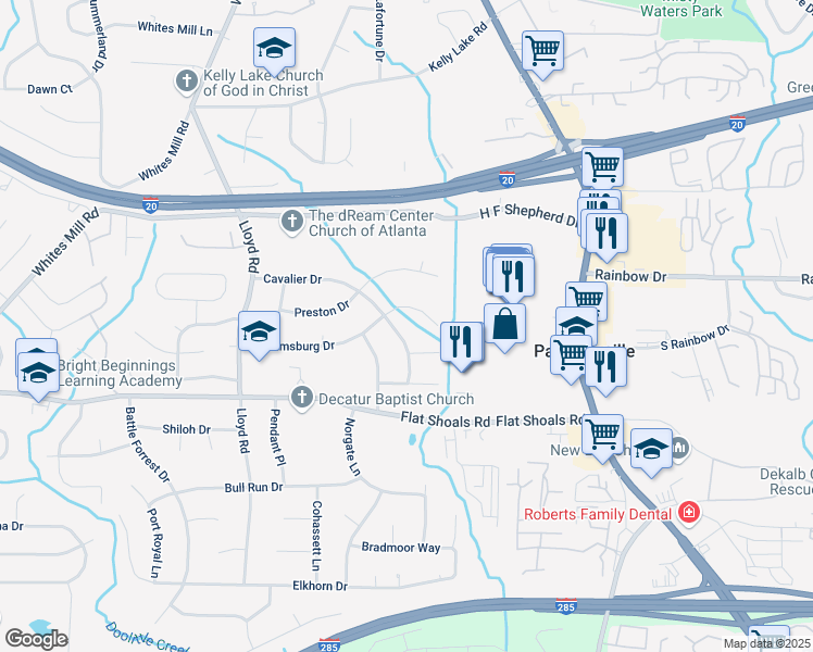 map of restaurants, bars, coffee shops, grocery stores, and more near 2720 Cavalier Drive in Decatur