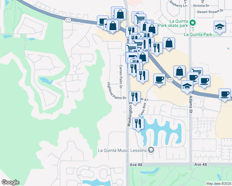 map of restaurants, bars, coffee shops, grocery stores, and more near 46845 Golden Sands Place in La Quinta