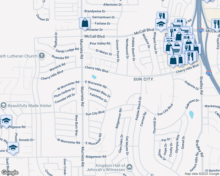 map of restaurants, bars, coffee shops, grocery stores, and more near 28410 East Worcester Road in Menifee