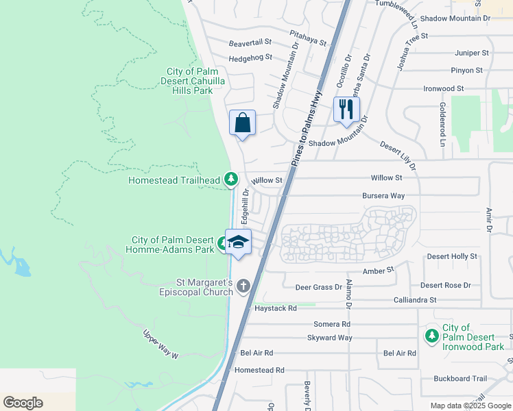 map of restaurants, bars, coffee shops, grocery stores, and more near 72694 Eagle Road in Palm Desert