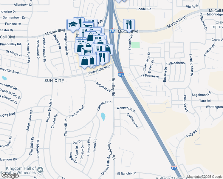 map of restaurants, bars, coffee shops, grocery stores, and more near 26990 Augusta Drive in Menifee