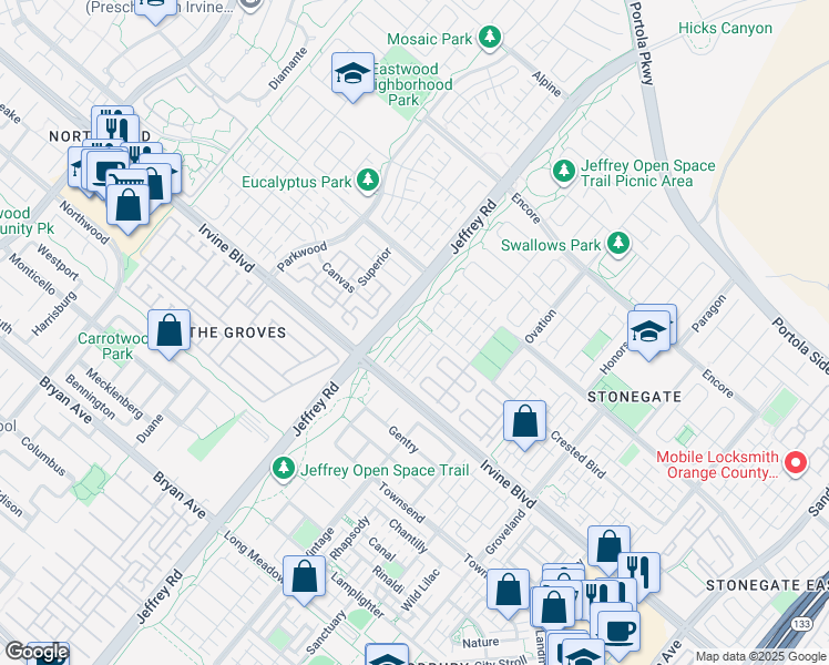 map of restaurants, bars, coffee shops, grocery stores, and more near 129 Thornhurst in Irvine
