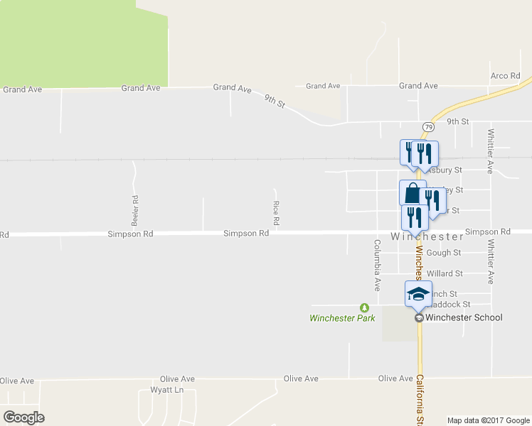 map of restaurants, bars, coffee shops, grocery stores, and more near 32424 Simpson Road in Winchester
