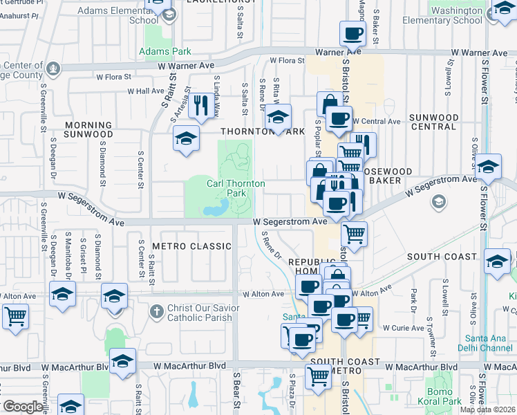 map of restaurants, bars, coffee shops, grocery stores, and more near 2914 South Rene Drive in Santa Ana
