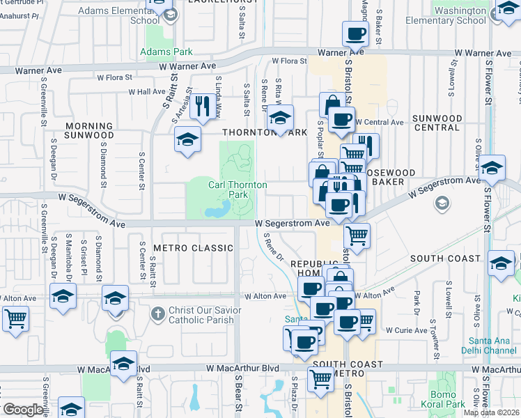 map of restaurants, bars, coffee shops, grocery stores, and more near 2918 South Rene Drive in Santa Ana