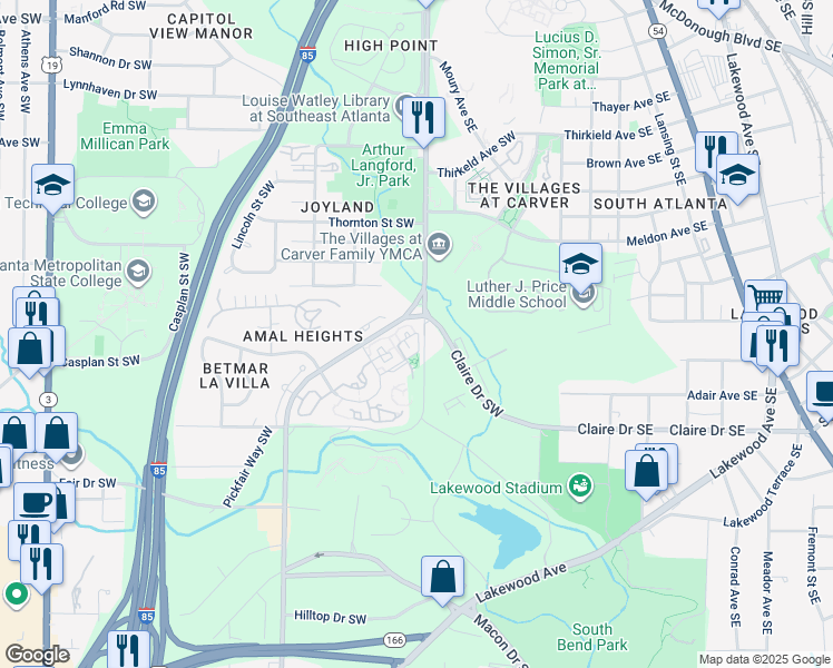 map of restaurants, bars, coffee shops, grocery stores, and more near 214 Amal Drive Southwest in Atlanta